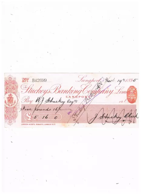 Stuckey's Banking Co. Langport 1895 Cheque