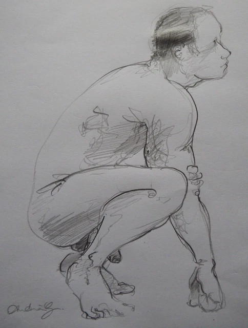 HAND DRAWN PENCIL Drawing of a Male Nude in a Squatting Pose in Profile ...
