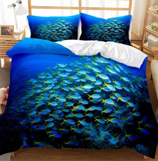 BLUE SEA OCEAN Fish Quilt Duvet Cover Set Bedclothes Soft Pillowcase ...
