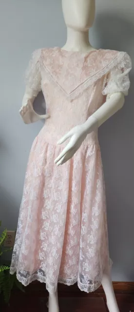 VTG 80s Gunne Sax by Jessica McClintock Baby Pink Lace Dress Victorian Size 7 /8