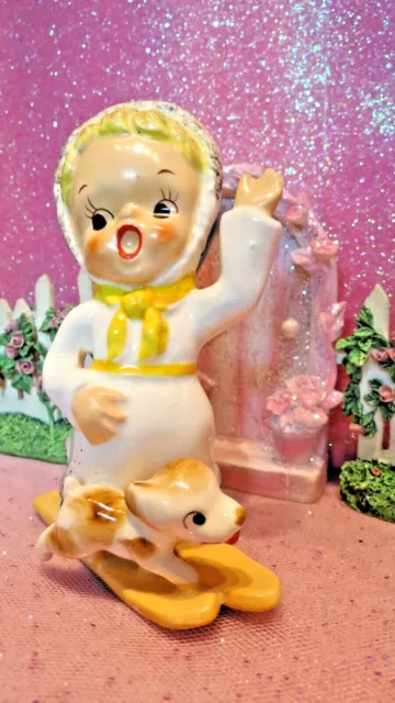Vtg Christmas WAVING Little Girl Ski's W Spotted Hound Dog PUPPY Grantcrest