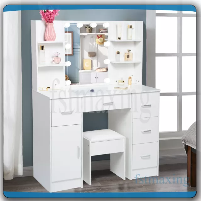 Modern Dressing Table With LED Lights Mirror 6 Shelves Stool Vanity Makeup Desk