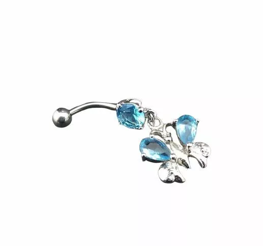 Butterfly Dangle Belly Button Ring Aqua Blue CZ Gem Surgical Steel 316L 14g