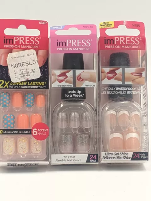 KISS imPRESS NAILS Press-On One-Step Gel Manicure ASSORTED (3X)