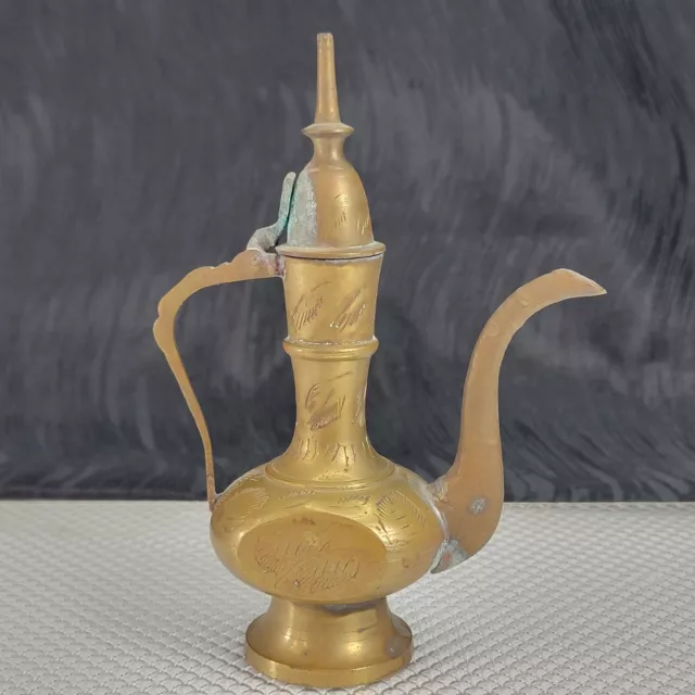 Vintage Small Brass Tea Pot Engraved Long Spout Tall Made in INDIA Collectible