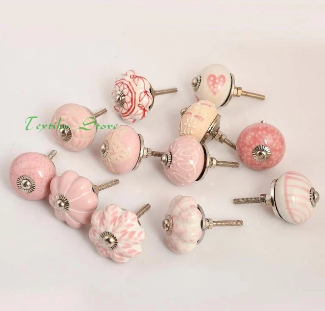 Assortiment rares boutons et tirages d'armoire en céramique peints à la main avec matériel en laiton 2