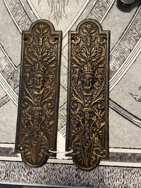 Pair Ornate Greenman Cast Iron Interior Door Push Plates