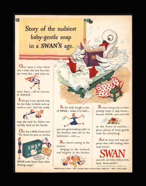 1944 Swan Soap Vintage Print Ad Baby Bath Laundry Good Housekeeping Lever