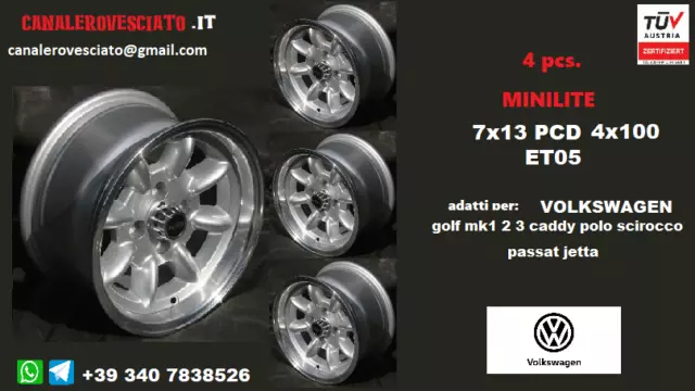 Roues Minilite 7j 13 4x100 ET05 VW GOLF MK1 MK2 POLO CADDY SCIROCCO PASSAT LUPO