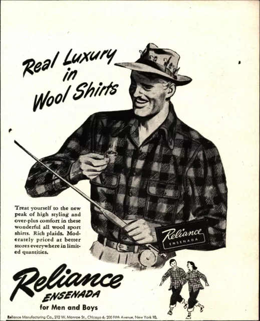Reliance Ensenada for Men and Boys 1946 Small PRINT AD 5x6 Wool Shirts Fishing