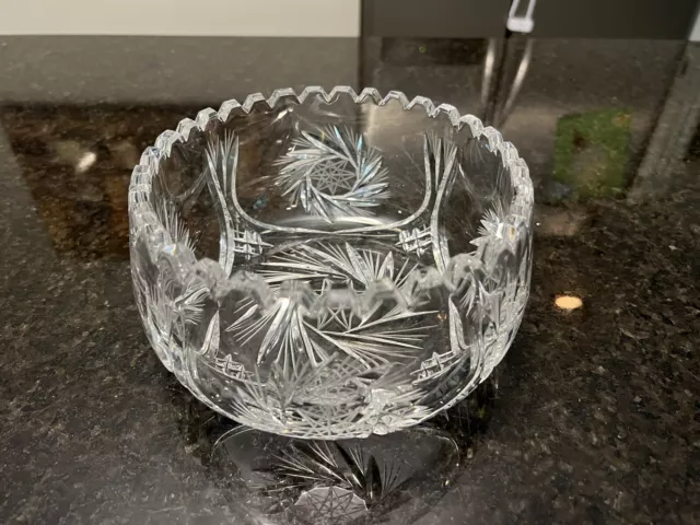 Vintage American Brilliant Heavy Cut Glass Bowl, Pinwheel/Star Pattern, Sawtooth