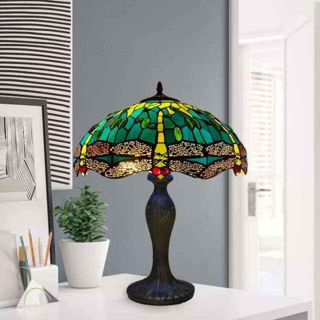 Tiffany Table Lamp 16 inch Green Dragonfly Style Stained Glass Shade Multicolor