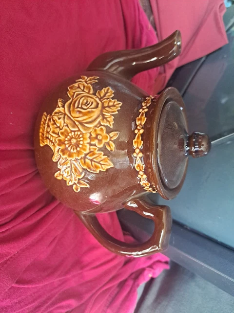 Vintage Redware Brown Betty Teapot Hand Painted Made In Occupied Japan