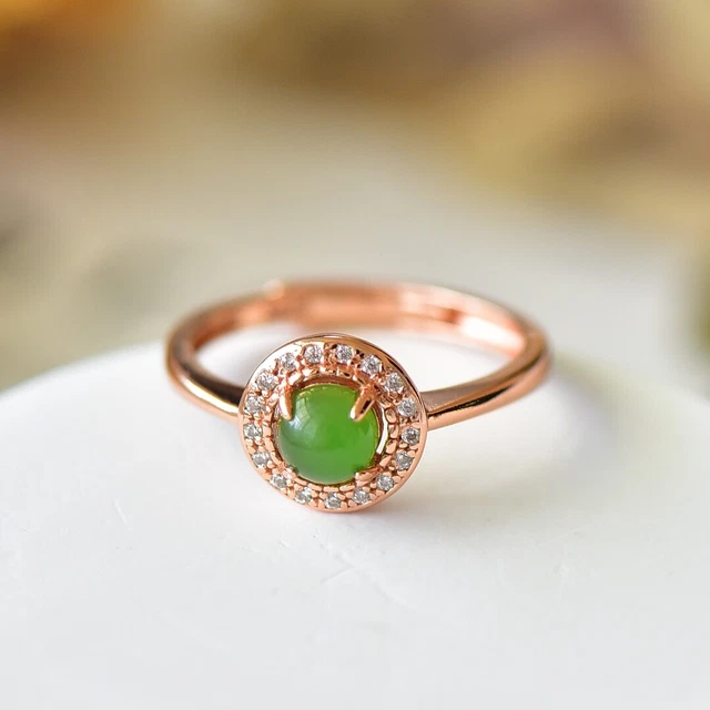 S925 Silver Inlaid Nephrite Hotan Jade Egg Surface Rings With Box