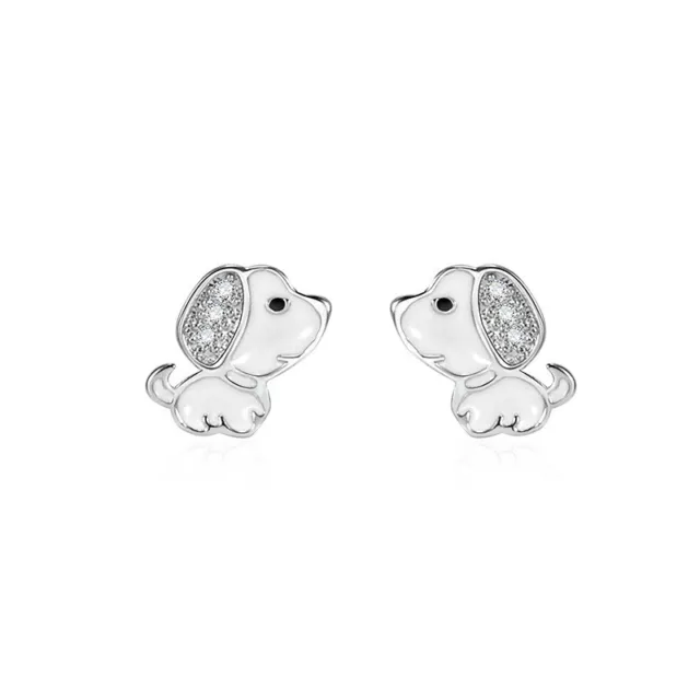 925 Sterling Silver Cute White Dog Puppy CZ Stud Earrings Women Girl Jewellery
