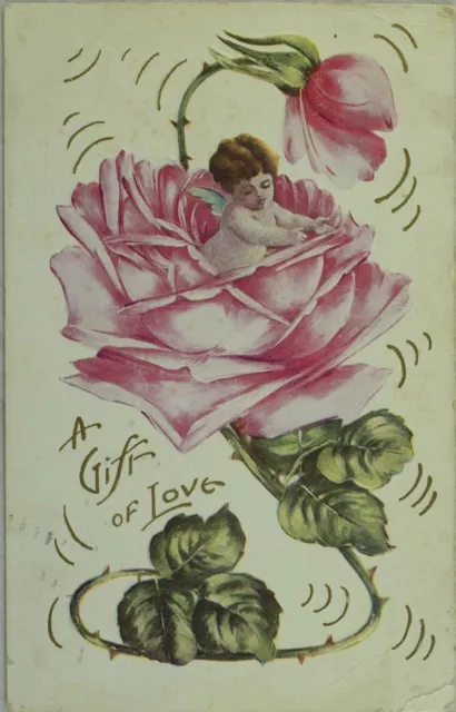 Valentine, Gift of Love, Cherub in Giant Flower Vintage Postcard P45