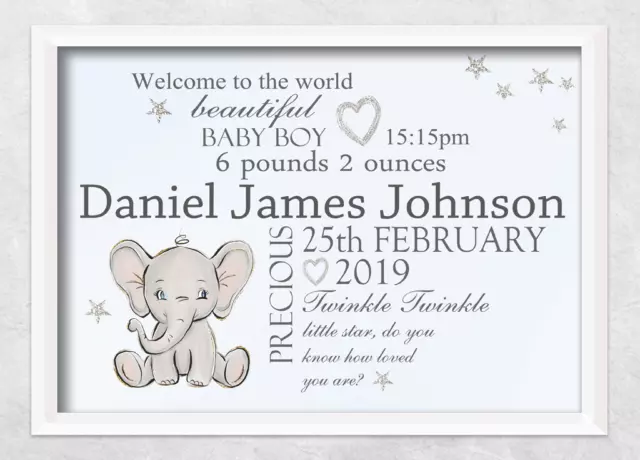 newborn personalised print elephant boy nursery christening gift new baby birth