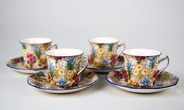 Royal Winton Marguerite (Blue Trim) Cups & Saucers Set Vintage Chintz *Imperfect