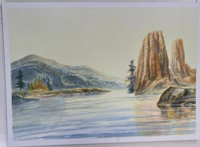 Large Rock Over High Desert Lake Watercolor Painting Robert Ficarra