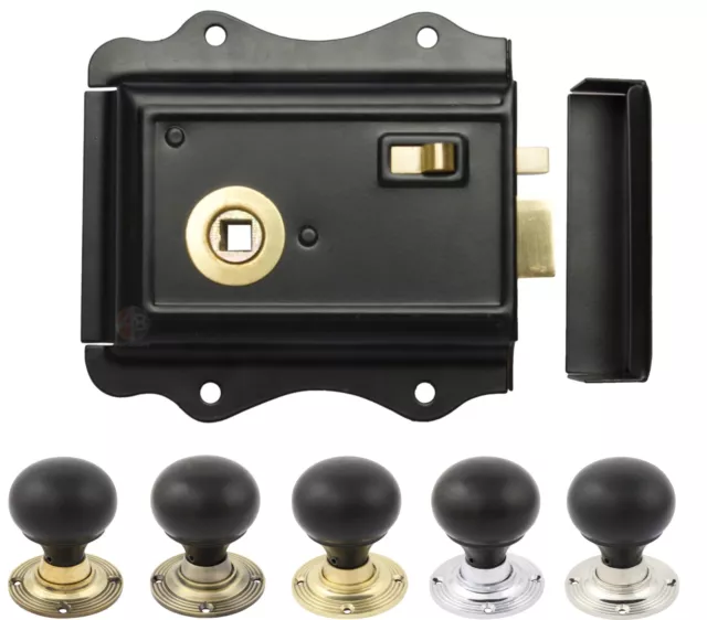 Old English Victorian Style Latch Lock Snib + Ebonised Bun Rim Door Knob Set