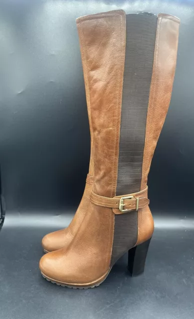 NEW DUNE SEBB Brown Tan Leather Buckle Elastic Knee High Ladies Boots Size 5 69.99 PicClick UK