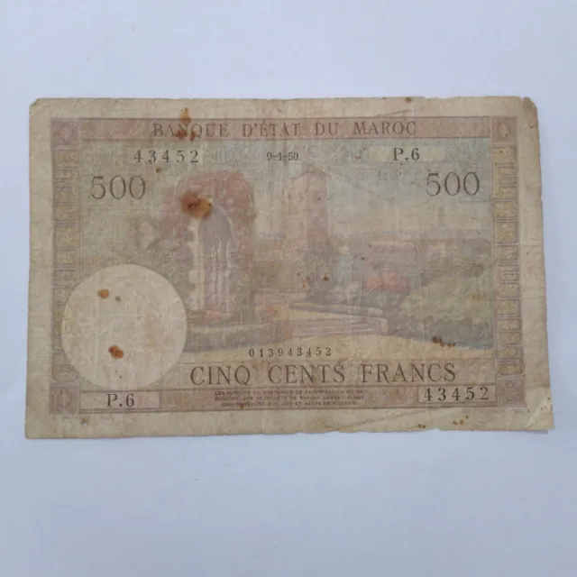 Rare Old Morocco 500 francs 1950 Note poor to Good Condition # 129