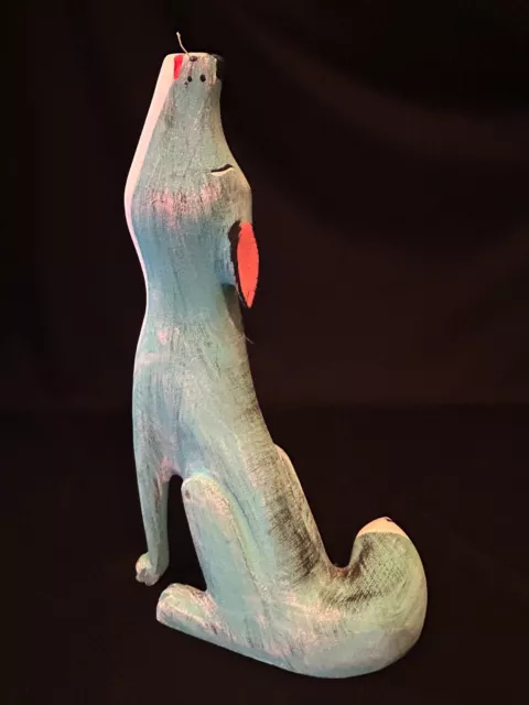Vtg SW Folk Art Hector Rascon Wood Carved Painted Blue Howling Coyote Figurine