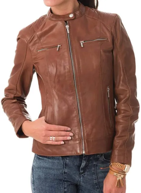 Femmes Véritable Cuir D'Agneau Veste Moto Stylé Manteau KW58