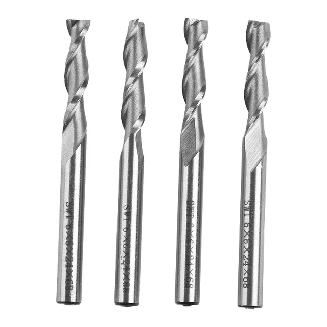 4x Double 2 Flute Down Cut Spiral Router Bit 6mm Silver HSS-Aluminium CNC Cutter