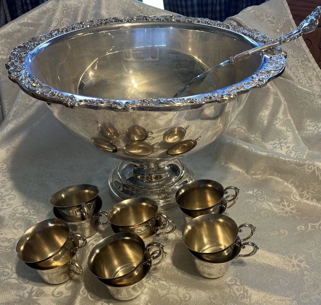 VINTAGE FB ROGERS Silver Co Silverplate Punch Bowl Set 12 Cups