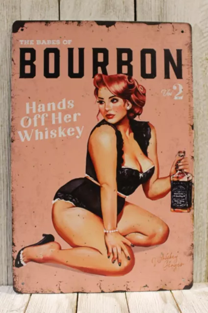 Bourbon Whiskey Pinup Girl Tin Sign Metal Poster Vintage Style Bar Rustic XZ