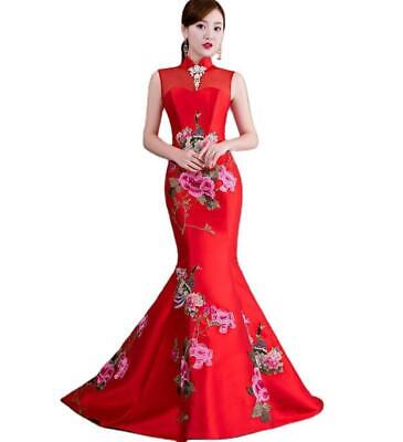 Women Formal Slim Embroidery Cheongsam Chinese Wedding QiPao Evening Party Dress