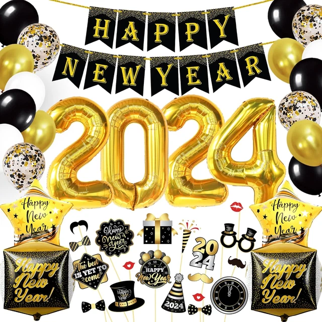 NEW YEARS EVE Party Supplies 2024 Huge Set of 76, Black and Gold Happy