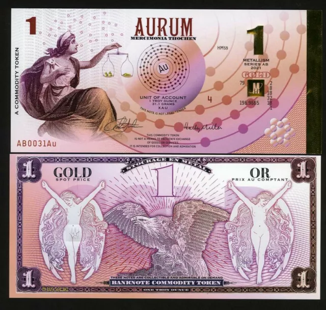 Aurum, 1 métallisme, un jeton marchandise, 2021, polymère, feuille dorée, UNC