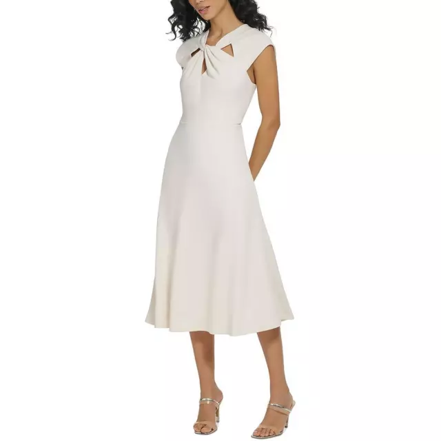 DKNY Womens White Twist-Neck Midi Crepe Fit & Flare Dress 6 BHFO 7175