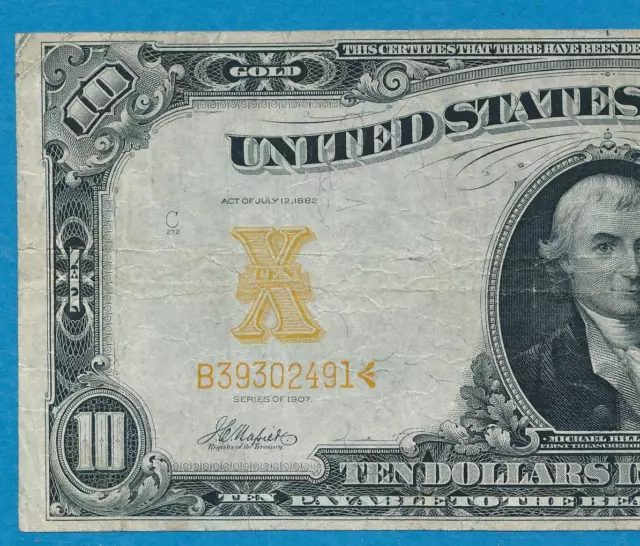 $10. Fr.1169 1907 Gold Seal Gold Certificate Average Circulated  Vf