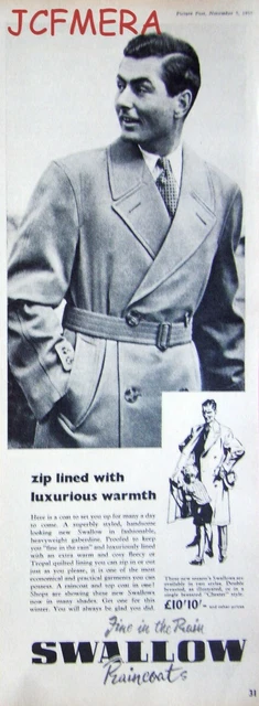 'SWALLOW' Zip-Lined Raincoats Clothing ADVERT - Original 1955 Print AD