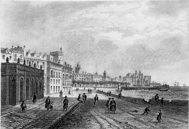 SPAIN - CADIX: SEAFRONT PROMENADE in the 19th century - 19th century engraving