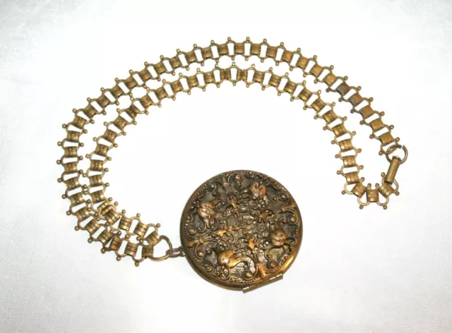 Antique Victorian Revival Large Ornate Brass Dbl Photo Locket Necklace