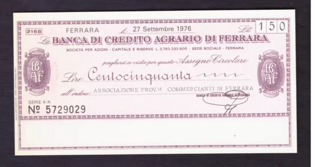 Miniassegno Banca Credito Agrario di Ferrara Ass. Commercianti 150 L 27-9-1976