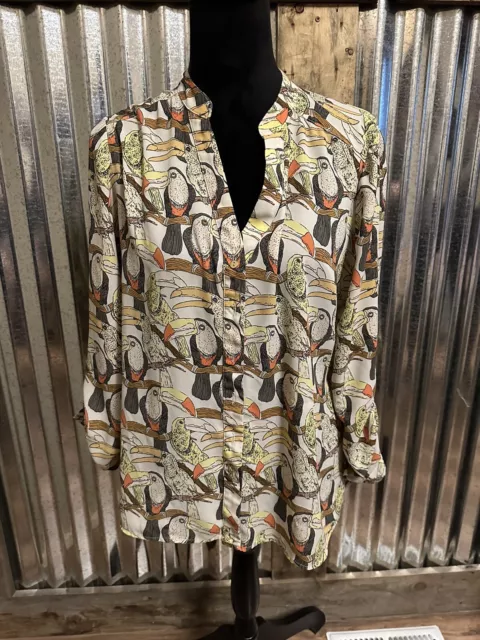 Alfani Women’s 10 Toucan Bird Print Blouse Roll Tab Sleeve Button Up Shirt Artsy