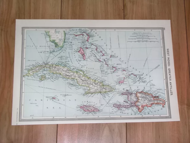 1908 Antique Map Of Florida Caribbean West Indies Bahamas Cuba Haiti Dominicana