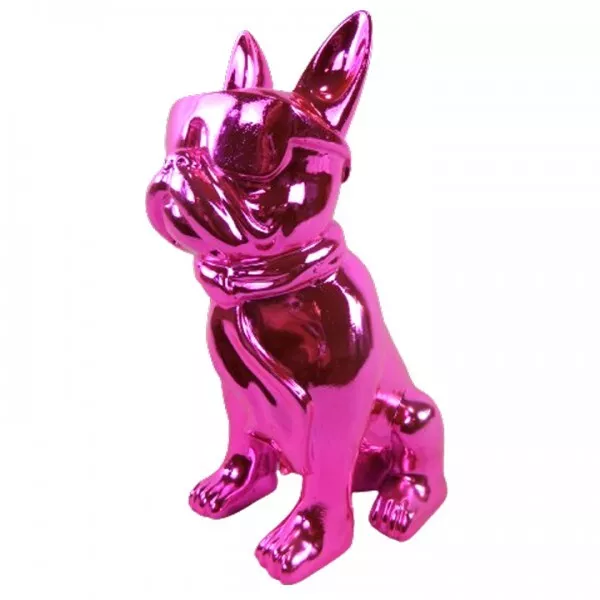 Statue chien bouledogue Français à lunette en résine chromée fuchsia 37 cm