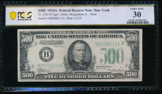 AC 1934A $500 FIVE HUNDRED DOLLAR BILL New York PCGS 30 comment