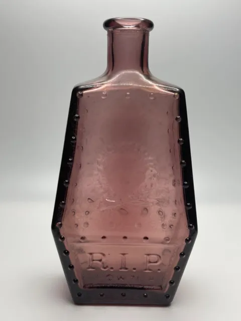 Amethyst Purple Coffin Shaped Wheaton Bottle Embossed RIP  5.25" Tall (b)