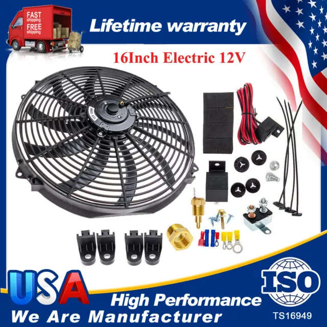16"Electric Radiator Cooling Fan High 3500CFM Wiring Thermostat Relay Switch Kit