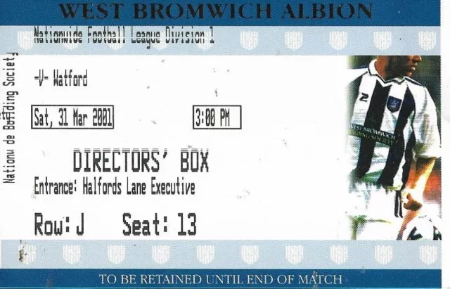 West Bromwich Albion v Watford. Ticket Stub. 2000-2001