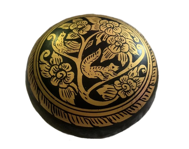 Beautiful Vintage Small Burmese Round Lacquer Box With Squirrel Flowers And Bird