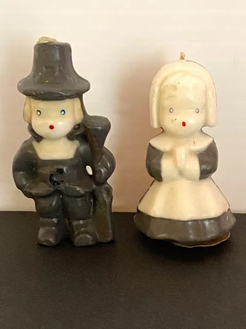 Vtg MCM 1950s Gurley Novelty Thanksgiving Pilgrims Boy Girl Wax Candles Decor