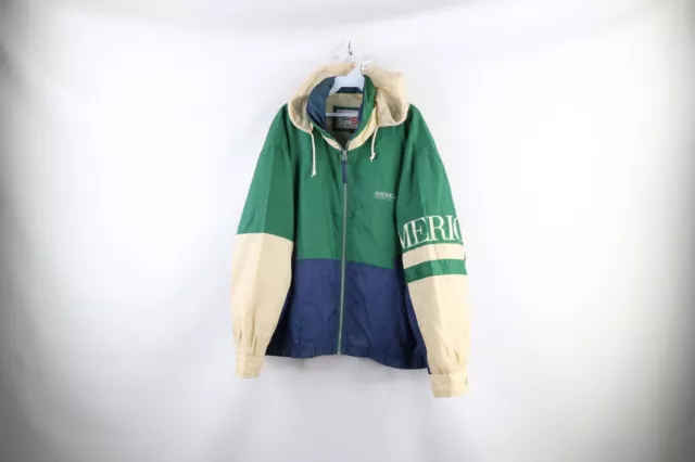 Vintage 90s Perry Ellis Mens Large Thrashed Spell Out Hooded Windbreaker Jacket